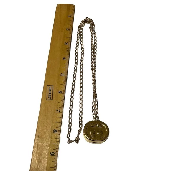 Gucci Vintage Necklace Yellow Gold Oval Locket Pill Box L Chain Raised GG Motif - Picture 4 of 16